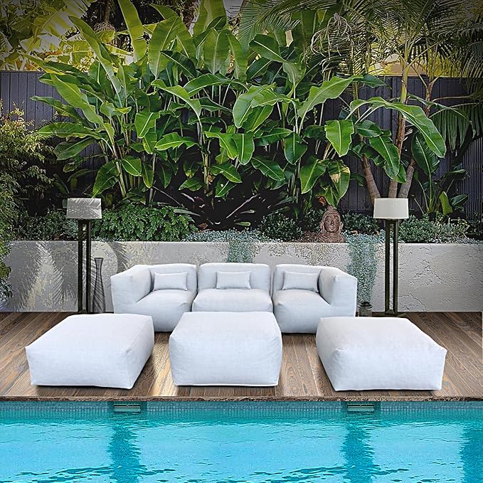 Patio Furniture Set Bean Bag Chairs PortoCervo 6PC Outdoor Chairs Sectional Conversation Patio Set Daybed Furniture Outdoor Sofa Couch High Density Foam Filling Modern Comfy Patio Couch (Light Gray)