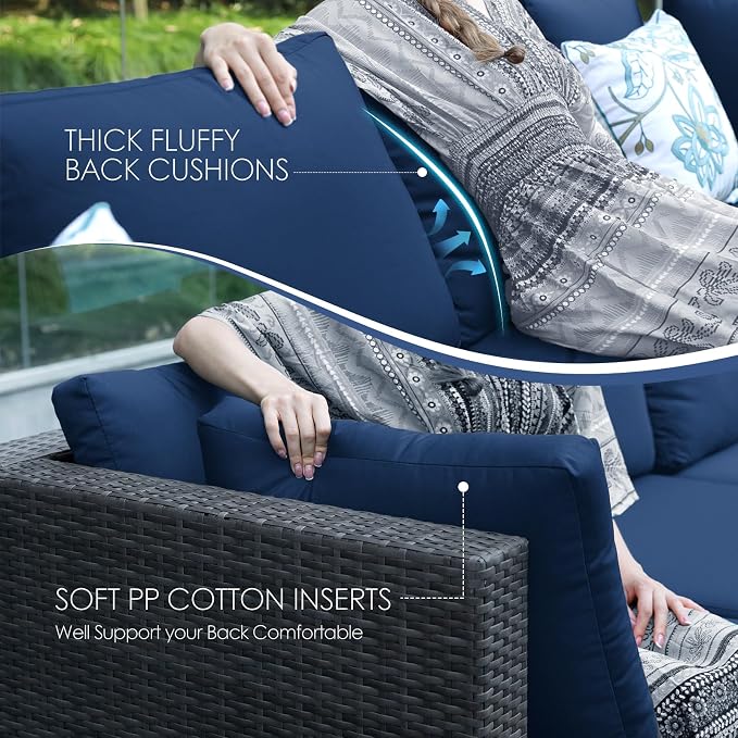 NICESOUL 13 Piece Patio Furniture w/Fireplace, Elegant Outdoor Seating w/Firepit, XL Size 29.3'' High Back Sectional Sofa, All-Weather Rattan Deck Couch, Modular Sturdy Conversation Set, Gray & Blue
