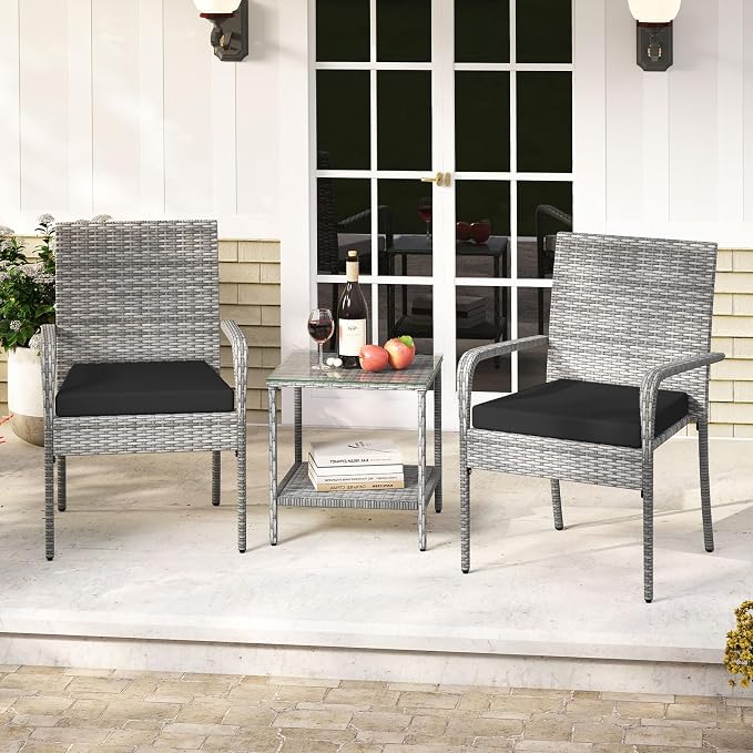Tangkula 3 Pieces Patio Furniture Set, PE Rattan Outdoor Cushioned Conversation Chairs with 2-Tier Tempered Glass Tabletop Table, for Balcony, Garden and Poolside
