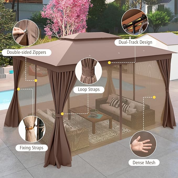 LAUSAINT HOME Patio Gazebo 10'x13', Outdoor Heavy Duty Party Tent Shelter with Double Roofs, Mosquito Nettings and Privacy Screens for Backyard, Garden, Lawn, Khaki