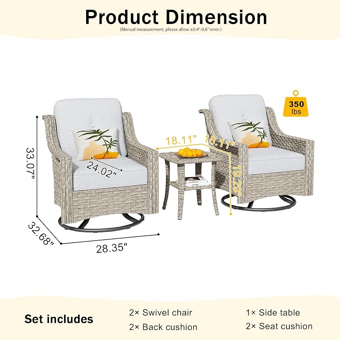 HOOOWOOO 3 Piece Patio Furniture Bistro Sets,Outdoor Wicker Swivel Rocking Chairs with Table Set,All Weather Resistant High Back Rattan Conversation Set(Light Grey Gray)