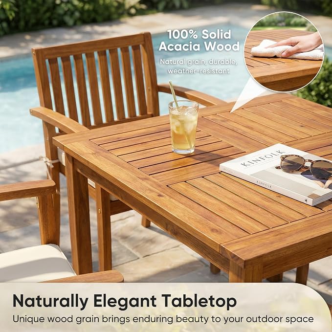 Devoko 5 Pieces Patio Table and Chairs Set Acacia Wood Outdoor Furniture | Patio Dining Set with Comfy Cushions for 4, Outdoor Dining Table and Chairs for Lawn, Garden, Backyard, Deck, Natural Wood