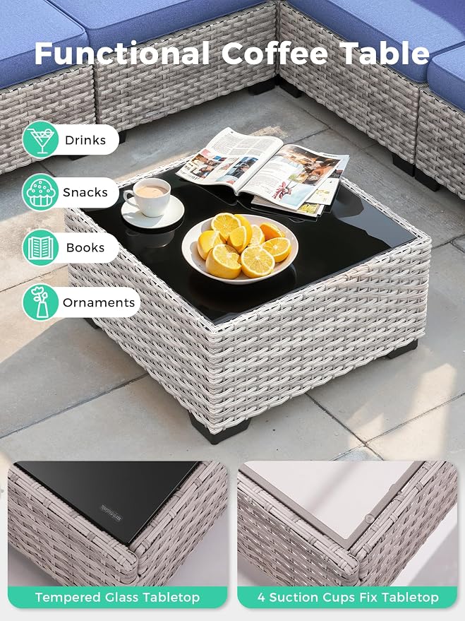 16 Piece Outdoor Wicker Sectional Sofa Set with Swivel Chairs & Fire Pit Table, 12-Seats with 4" Thickened Cushions & Coffee Table, All-Weather PE Rattan for Garden, Backyard, Porch, Blue