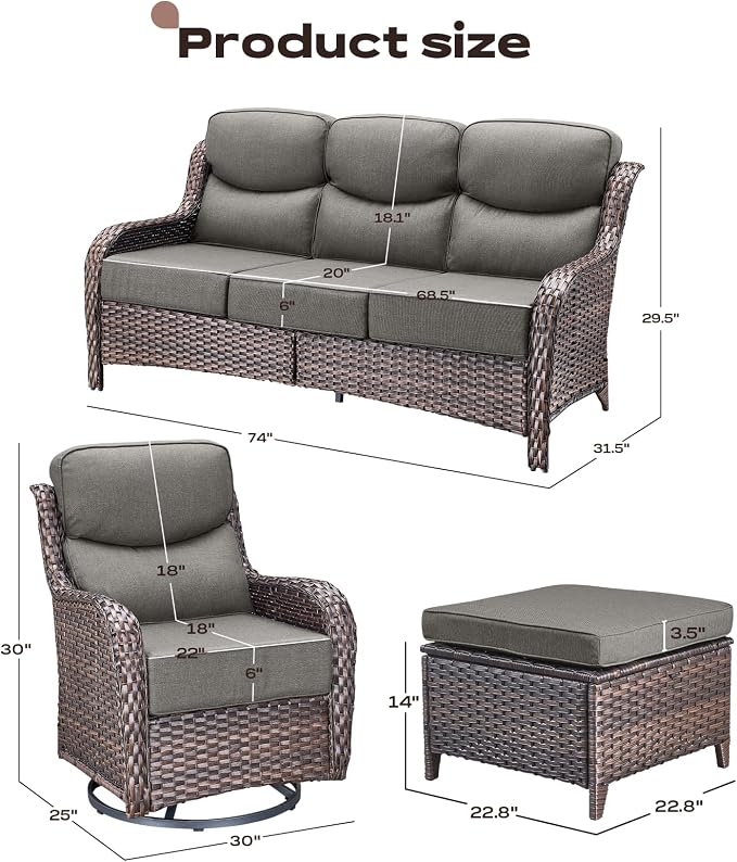 Rilyson Wicker Outdoor Patio Furniture Sets - 5 Piece Patio Conversation Sets with Swivel Rocker Chairs, Ottomans and Sofa, 6 inch Cushions, Waterproof Wicker, for Porch Deck Brown/Grey