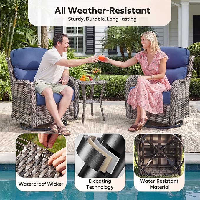 Rilyson Outdoor Swivel Rocker Chairs - All Weather Resistant Wicker Patio Furniture Set of 2 with High Back and 6 inch Thick Cushions for Deck Porch Yard and Poolside, Mixed Grey/Blue