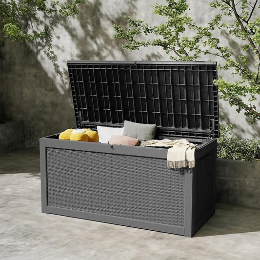 260 Gallon Patio Storage Box, Outdoor Resin Deck Box with Hydraulic Lid, Lockable & Waterproof for Garden Tools, Furniture Cushions, UV Resistant Outside Storage, Black
