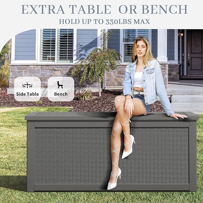 NUNU LAB Outdoor Storage Box, 320 Gallon Deck Box, Resin Waterproof Outside Storage Bench, Outdoor Storage Cabinet With Lockable Lid, Backyard Deck Box For Garden Tools, Patio Cushions, Grey