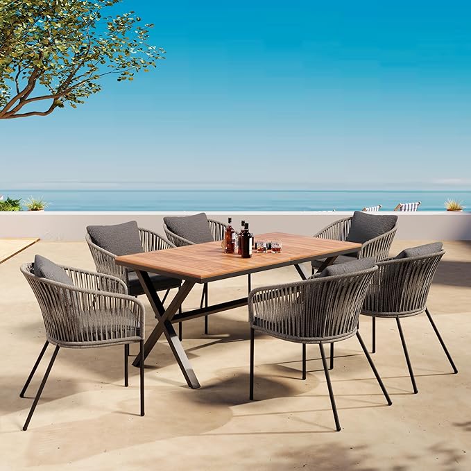 Modern 7 Pieces Patio Dining Set,Dining Table and Chairs, Acacia Wood Tabletop, Metal Frame,Outdoor Furniture Set for Garden, Backyard, Balcony