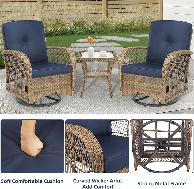 3-Piece Patio Wicker Conversation Bistro Set, Rattan Gliding Rocking Swivel Chairs with Cushion and Glass Top Side Table Outdoor Furniture Sets for Garden Backyard, Navy Blue
