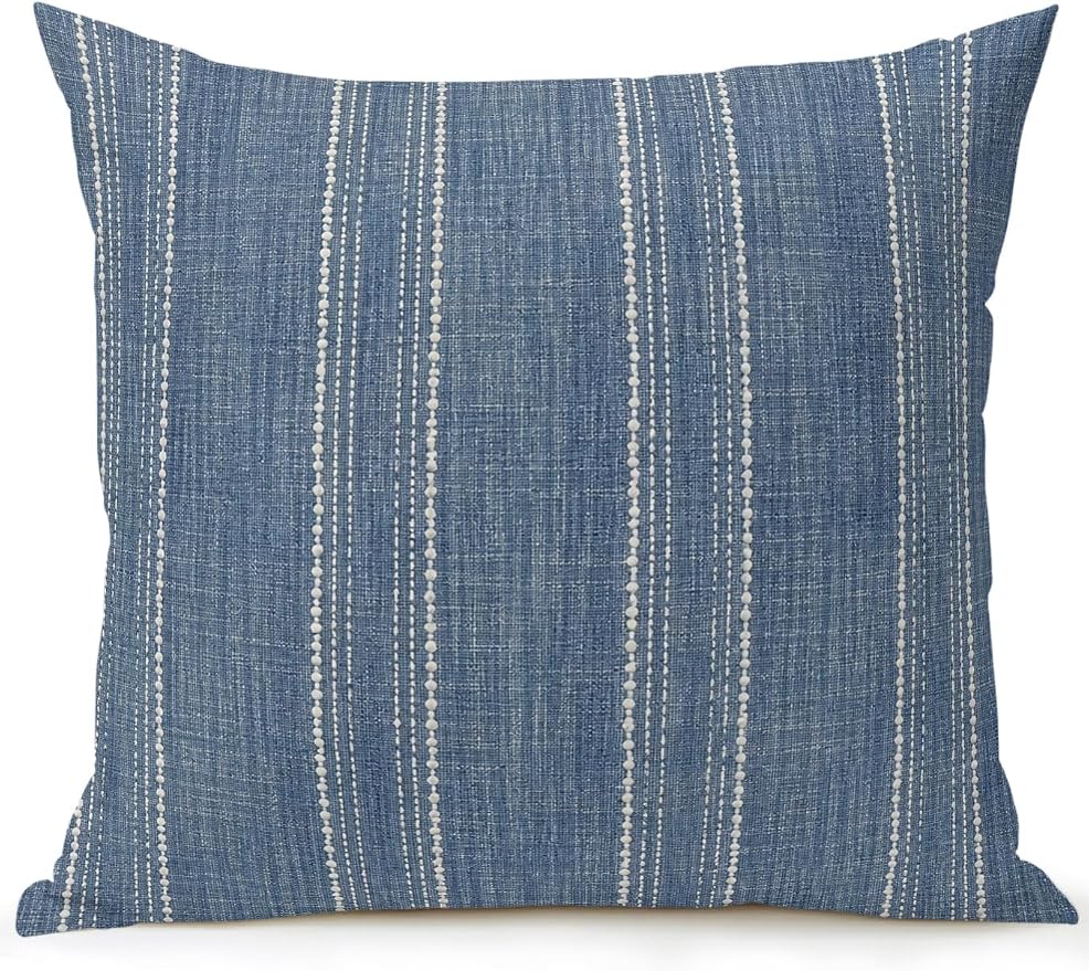 Vandarllin Waterproof Outdoor Pillow 1 Pack Denim Blue Linen Stripes Decorative Throw Pillows Cover & Insert 18x18 Inch Pillowcase Parallel Vertical Lines Pillows for Couch Sofa Bed Patio Furniture