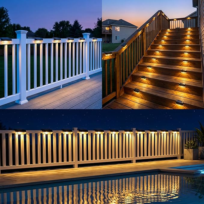 Herzila 16 Pack Solar Deck Step Lights, Solar Step Lights for Outdoor Stairs, 3000K Warm White, Auto Dusk-to-Dawn, Weatherproof, Low Profile, for Fence Deck Railing Patio