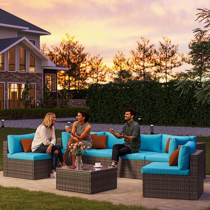 SUNVIVI OUTDOOR 7 Piece Patio Furniture Sets All Weather Grey PE Wicker Couch Sofa with Glass Table, Removable Blue Cushions