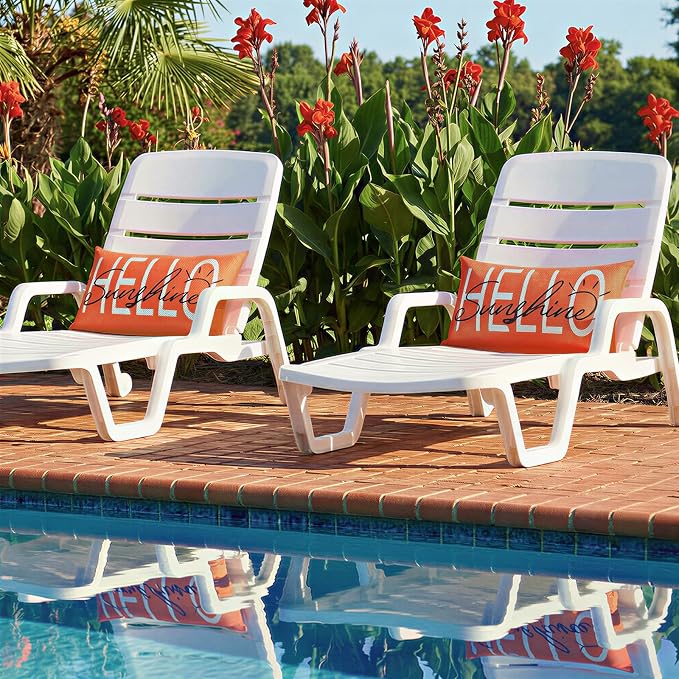 Lewondr Waterproof Outdoor Throw Pillow Cover, 12×20", Orange | 2 Pack, Hello Sunshine Printing, Summer Garden Decor, For Patio Sofa, Balcony Couch, Bench Porch