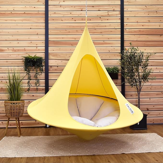 Double Cacoon Hanging Chair for Two – Cozy Indoor/Outdoor Hammock with Polyester Canvas, 440 lb Capacity, Includes 18ft Rope & Carabiner (Lemonade)