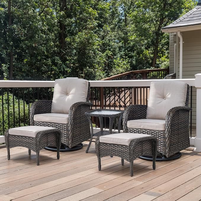 Outdoor Swivel Glider Rocker Chairs Set- 5 Piece Patio Furniture Set, Patio Bistro Sets with Tempered Glass Side Table and 2 Ottoman, for Balcony, Porch - Brown Wicker, Beige Cushion