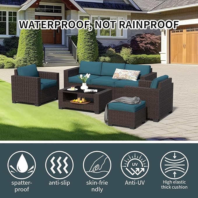 7 Piece Wicker Patio Furniture Set with Outdoor Sectional Sofa, Washable Cushion Covers, Tempered Glass Coffee Table, Rattan Conversation Set for Poolside, Lawn, Balcony