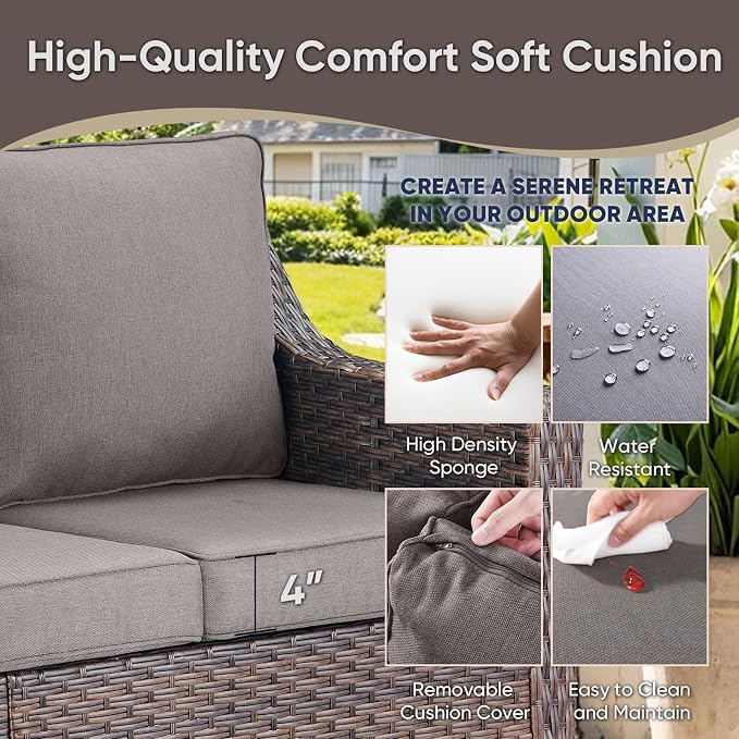 Patio Furniture Set-7 Pieces Outdoor All-Weather Wicker Conversation Set Outdoor Rattan Sofa Couch with Patio Chairs Ottomans for Porch Garden Backyard Poolside-Brown/Grey
