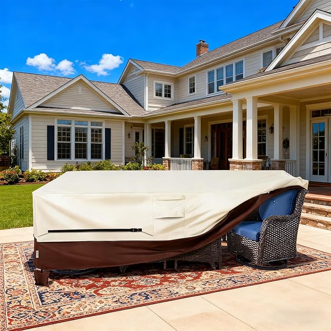 Patio Furniture Covers,Outdoor Furniture Cover Waterproof,600D Rectangular Patio Heavy Duty Table Cover,Outdoor Dining Table and Chair General Purpose Furniture Covers 111"L x 74"W x 28"H-Beige