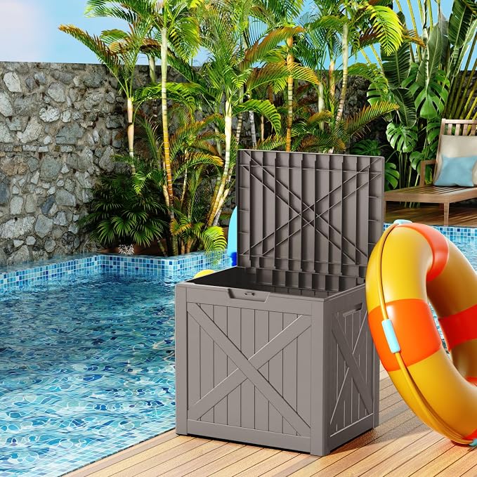 PatioZen 32 Gallon Deck Box,Resin Outdoor Storage Box with Lockable for Patio Furniture, Pool Accessories, Garden Tools, Waterproof Outside Storage Box, Grey