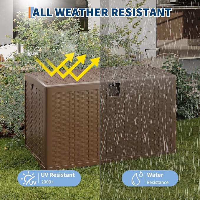 120 Gallon Outdoor Storage Box, Large Waterproof Resin Deck Box Indoor and Outdoor Use, Lockable Patio Storage Box for Garden Cushions, Tools, Equipment, Brown