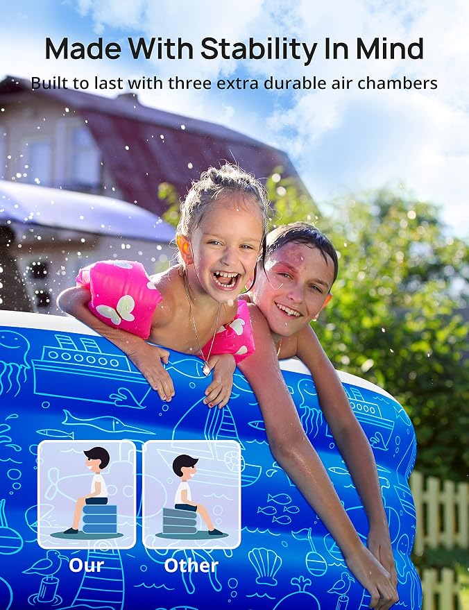 Large Inflatable Swimming Pool with Canopy, 150” x 70” x 20” Full-Sized Inflatable Pool for Kids & Adults, Kiddie Pool with Sun Shade, Blow Up Pool for Backyard, Garden, Age 3+, Blue