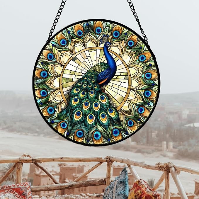 DASTOLL Stained Glass Window Hanging - Retro Peacock Decoration Suncatcher for Door Garden Home Bird Feather Sun Catchers Christmas Mother's Day Birthday Gifts for Women Men Mom Nana Friend 14.9 in