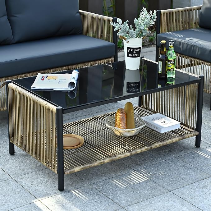 2 Pieces Aluminum Outdoor Patio Furniture Set - Loveseat & Dual-Layer Coffee Table - Rope Sectional Conversation Sofa Sets with Washable Thick Cushion for Garden, Backyard, Porch