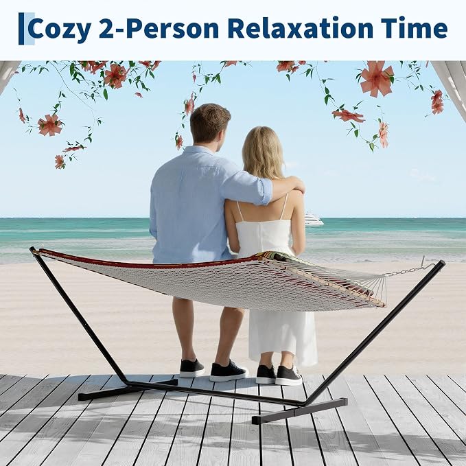 Double Quilted 2 Person Hammock – 12FT Outdoor Freestanding Garden Hammock, Wooden Spreader Bar, Removable Pillow, Storage Pocket, 450lbs Capacity, Cotton Rope & Padded Polyester