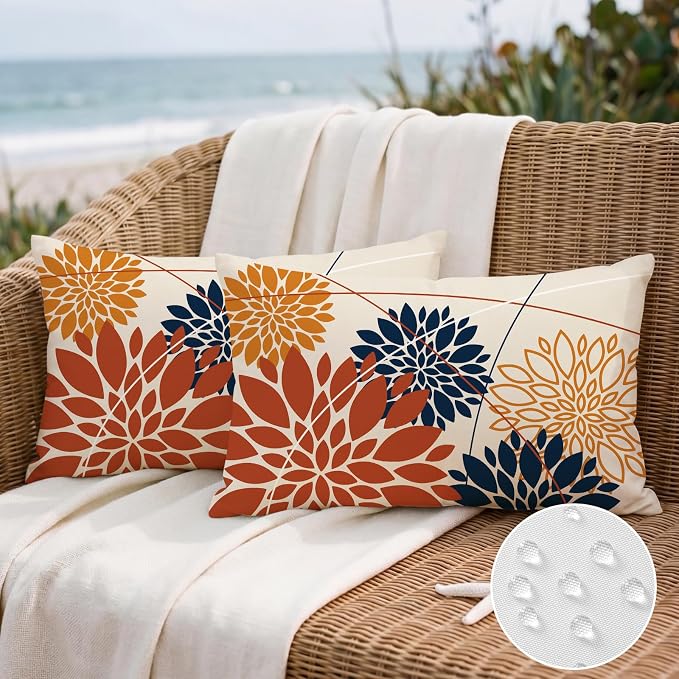 OTOSTAR Outdoor Orange Dark Blue Pillow Covers 16x24 Inch Set of 2 Flower Throw Pillows Farmhouse Geometric Dahlia Floral Lumbar Cushion Case Waterproof Decor for Sofa Patio Funiture Garden