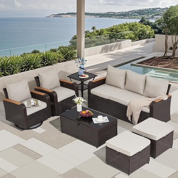7 Pieces Outdoor Furniture Set with Swivel Chairs, Wicker Patio Furniture for Porch Deck Bistro Lawn Garden Backyard Poolside-Khaki
