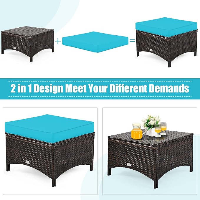 COSTWAY 5PCS Patio Wicker Rattan Furniture Set, Loveseat Sofa with Ottomans and Cushioned Chairs, Conversation Sets for Outdoor Garden Backyard
