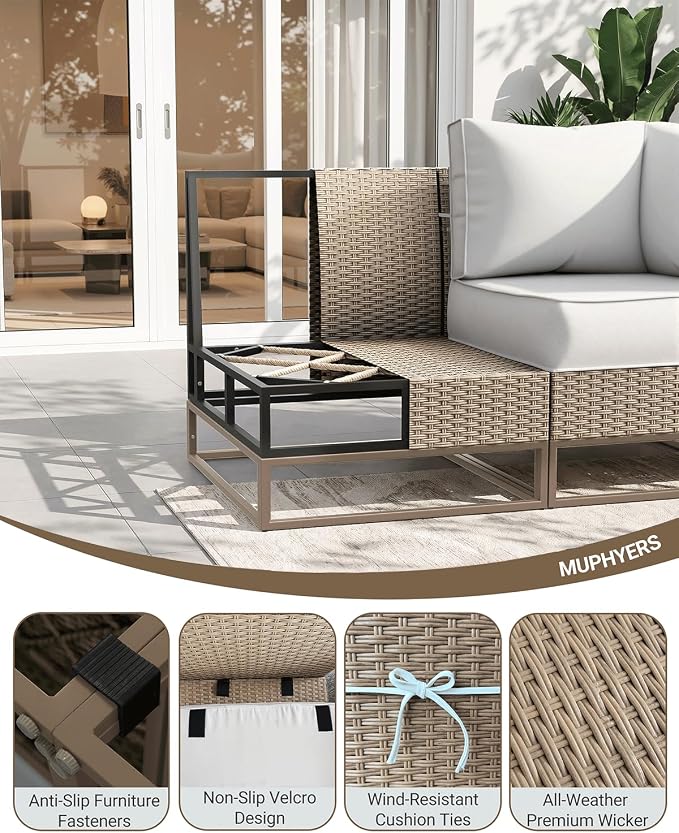Outdoor Patio Furniture Set 6-Piece PE Rattan Wicker Outdoor Sectional Sofa with Thickened Cushions and Chunky Arms, Modern Modular L-Shaped Conversation Set for Garden, Backyard, White
