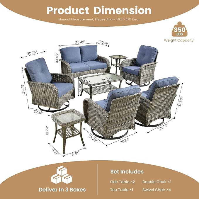 CAODOC 8-Piece Wicker Patio Furniture Set, All-Weather Rattan Conversation Bistro Loveseat Chair and Patio Rockers Set for Backyard, Balcony and Deck with Soft Cushions and Metal Table(Blue)