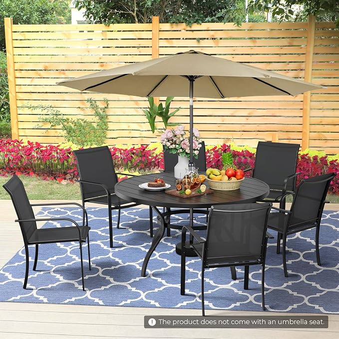 7-Piece Patio Dining Set with Umbrella,6 Person Outdoor Table and Chairs Set, 6 Metal Dining Chairs and Round Outdoor Table with 1.57" Umbrella Hole,Black