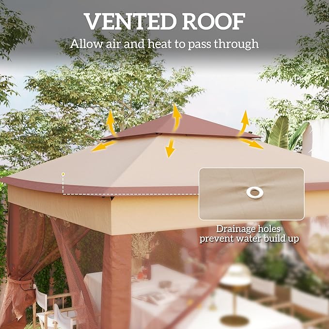 Outsunny 11' x 11' Pop Up Canopy, Outdoor Patio Gazebo Shelter with Removable Zipper Netting, Instant Event Tent w/ 114 Square Feet of Shade and Carry Bag for Backyard, Garden, Khaki
