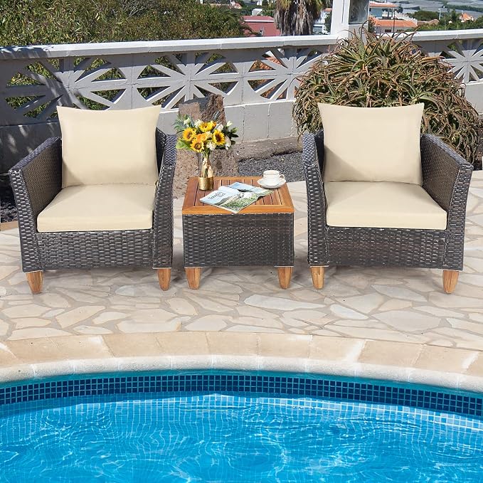 Tangkula 3-Piece Patio Furniture Set, Patiojoy Outdoor PE Wicker Bistro Set with Soft Cushions and Solid Acacia Wood, Outdoor Conversation Set with Porch, Balcony and Garden (Beige)