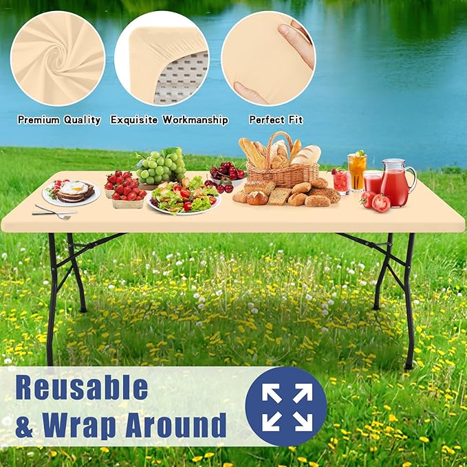 Moosfor Spandex 6 Foot Rectangle Table Cloth 2 Pack, Elastic Fitted Tablecloths for Picnic, Stretch Washable Patio Table Cover for Outdoor, Camping, Banquet and Parties(Ivory, 30"x72")