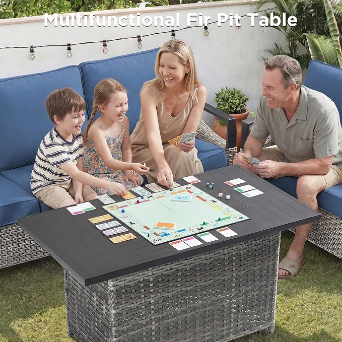 Outdoor Patio Furniture Set with 42.5" Fire Pit Table-6 Pieces All Weather Wicker Outdoor Furniture with High Back Swivel Patio Chairs Set of 2 Outdoor Patio Conversation for Deck Garden Blue/Gray