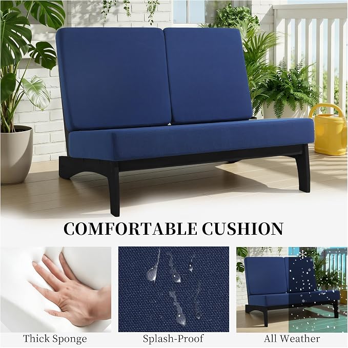 All Weather Patio Furniture Sets, 3 Pieces Black Wood Patio Loveseat Sofa Outdoor Sectional Futniture Backyard Conversation Set with Solid Wooden Coffee Table - Navy Blue