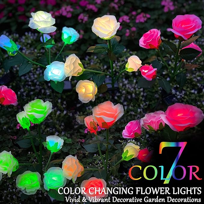 10 LED 7-Color Changing Solar Rose Flower Lights Garden Decorations Outdoor Waterproof Decorative Stake Lights for Patio Pathway Yard Lawn Cemetery Decor(2 PCS White)