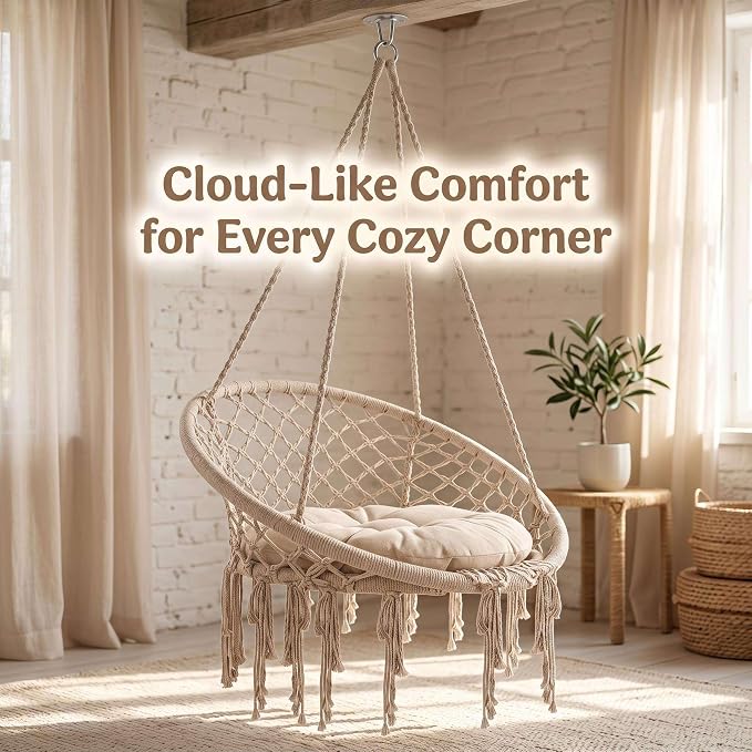 Indoor Hammock Chair, Patio Hammock Chair, 330 LBS Boho Hanging Swing, Foldable Hammock Chair for Living Room Bedroom Balcony Porch Garden Relax Use