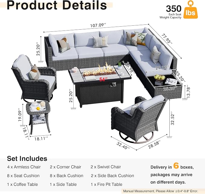 HOOOWOOO Outdoor Patio Furniture with Fire Pit Set 11 Pieces Patio Set with Fire Pit Wicker Outdoor Furniture with Fire Pit Table Set Patio Sectional Set with Swivel Chairs,Gray