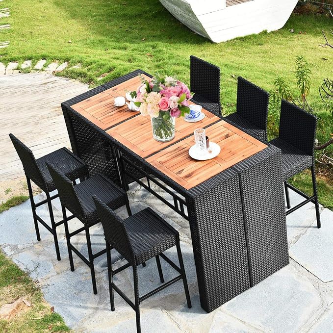 Tangkula 7 PCS Outdoor Wicker Furniture with Acacia Wood Bar Table Top and Removable Cushion, Conversation Set for Dining, Patios, Backyards, Porches, Gardens and Poolside (Black)