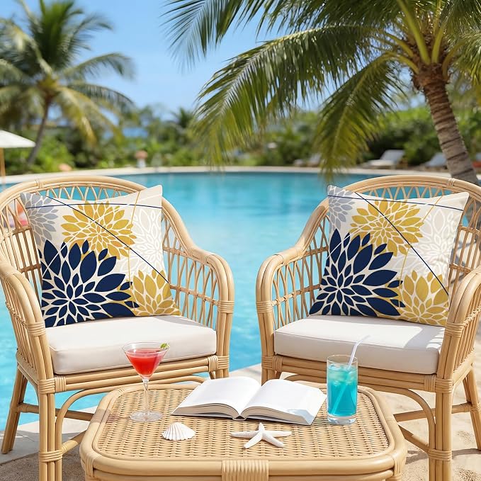 OTOSTAR Outdoor Dark Blue Yellow Pillow Covers 20x20 Inch Set of 2 Light Grey Flower Throw Pillows Geometric Dahlia Floral Square Cushion Case Waterproof Decor for Sofa Patio Funiture Garden