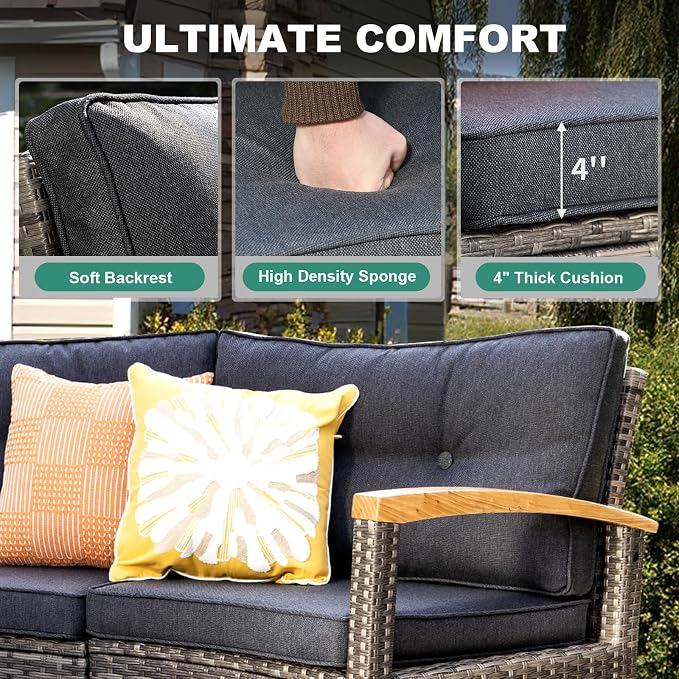 MEISSALIVVE 11 Piece Outdoor Patio Furniture Set, Half-Moon Curved Sectional Set with Wood Armrests, Patio Conversation Set for Porch,Deck,Balcony (Grey)