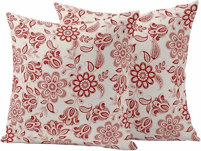 Abstract Paisley Pattern Outdoor Pillow Covers Set of 2 Retro Ethnic Red Flower Waterproof Throw Pillow Cover Decorative Cushion Cases for Patio Porch Garden 16X16 Inch