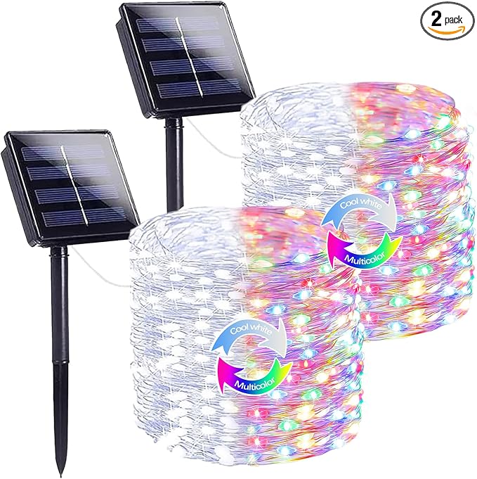 Solar Fairy Lights, 2 Pack Total 400LED 144FT Cool White to Multicolor | Waterproof Color Changing Solar String Lights Outdoor, Silver Wire, 8 Modes Solar Twinkle Lights for Tree Garden Yard Decor