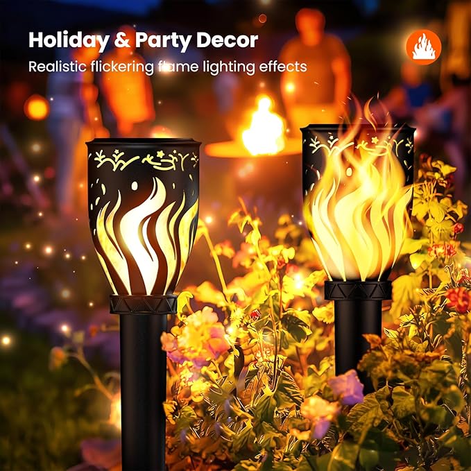 MrCrafts Nature Solar Lights Outdoor 4 Pack - 40'' Solar Powered Pathway Lights with Flickering Flame, Ideal for Gardens, Pathways, Patio, Balcony, Pool - Christmas, Halloween & Year - Round Decor
