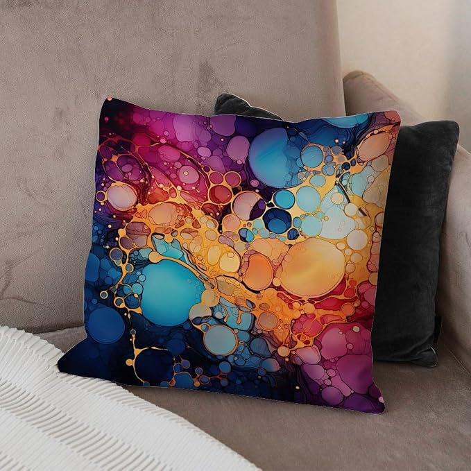 Pillowcase Ink Rainbow Shapes With Gold Cushion Cases Classic Abstract Alcohol Ink Textures Pillow Cover Accent Throw Pillow Covers Farmhouse Decorative For Living Bed Room Patio Home 18x18 IN