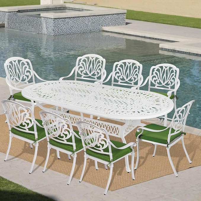 VIVIJASON 9-Piece Outdoor Furniture Dining Set, All-Weather Cast Aluminum Patio Conversation Set Include 8 Cushioned Chairs and an Oval Table with Umbrella Hole for Lawn Backyard (White/Green Cushion